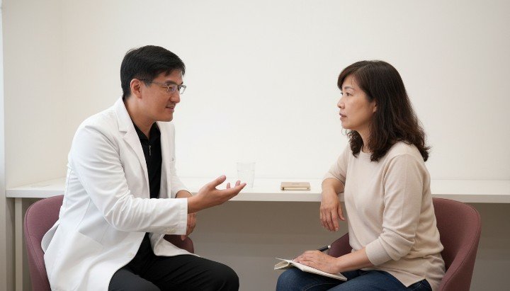 吳紹琥醫師在診間向患者說明咖啡因對大腦的影響 一杯深色的熱美式咖啡與顯示咖啡因半衰期的圖表 顯示下午兩點後停止攝取咖啡因的時鐘示意圖 深度睡眠與咖啡因代謝關係的醫學概念圖解