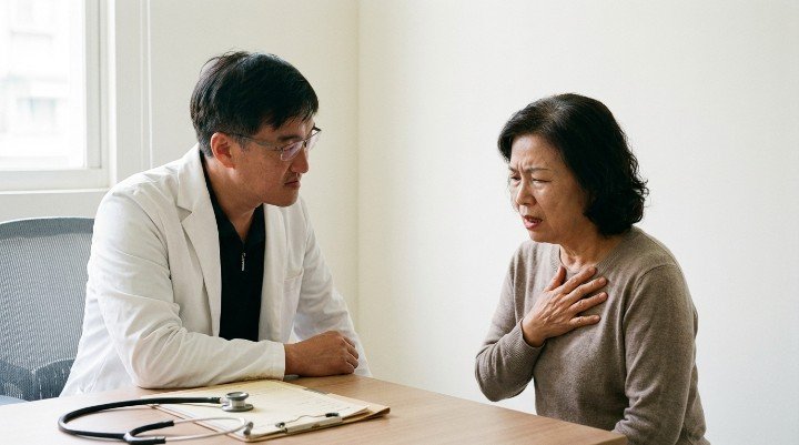 吳紹琥醫師正在門診解說甲亢心臟病的成因 顯微鏡下的甲狀腺細胞與甲亢心臟病關聯示意 患者感到心悸不適懷疑患有甲亢心臟病的寫實圖 專業儀器檢測甲狀腺數據預防甲亢心臟病