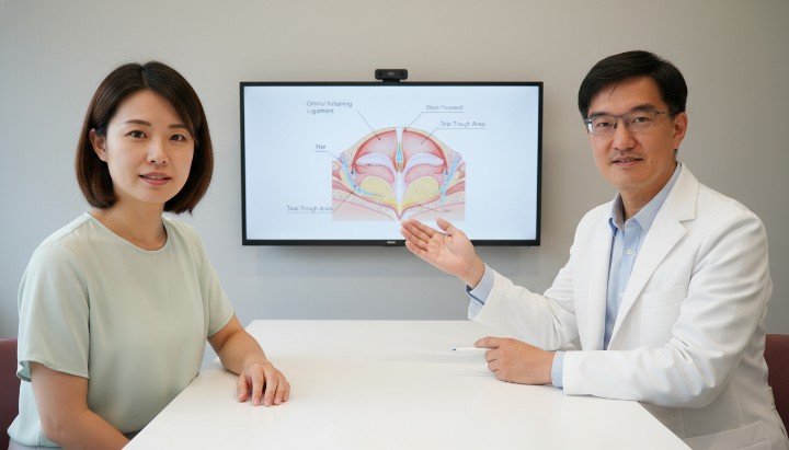 分析眼周結構與韌帶鬆解如何有效改善淚溝 醫師展示玻尿酸精準注射技術輔助改善淚溝 術前評估患者眼底組織結構以利改善淚溝 微創鈍針技術放鬆緊繃韌帶達到改善淚溝