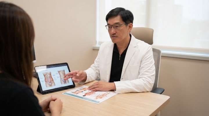 穿著加壓塑身衣進行輕量化抽脂後運動。 吳紹琥醫師講解分階段性的抽脂後運動。 術後一個月開始嘗試循序漸進抽脂後運動。 健身房內教練指導術後適合的抽脂後運動。