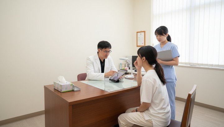 吳紹琥醫師為患者進行專業客製化治療諮詢 萊攸診所打造舒適且安心的客製化治療空間 專業醫學美容團隊執行全方位客製化治療