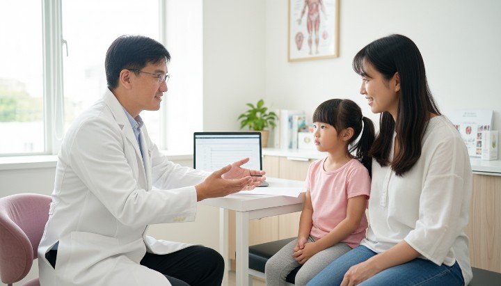 穿著白袍的專業醫師解說全套基因檢測報告 全套基因檢測包含多項遺傳性疾病風險評估 透過全套基因檢測數據擬定個人化健康建議