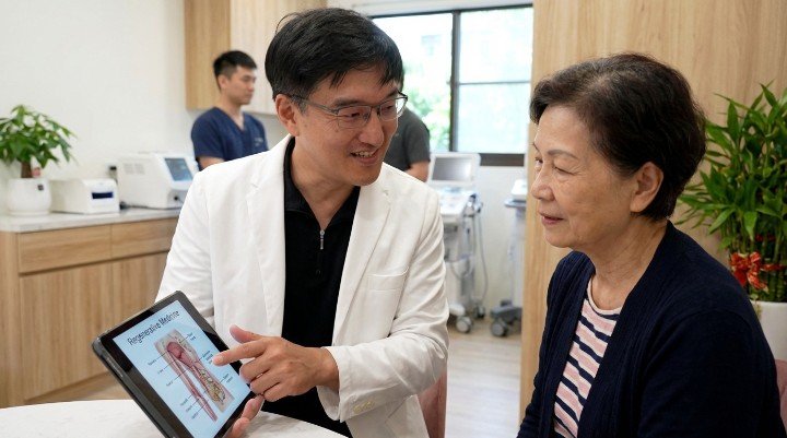 診間內醫師詳細分析再生醫學定義概念 顯微鏡下觀察細胞修復機制與再生醫學定義 實驗室研發幹細胞技術符合再生醫學定義 醫師與病患討論修復計畫及再生醫學定義