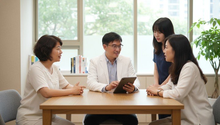 吳紹琥醫師正與患者進行專業醫學美容問診溝通。 醫師展示醫學美容問診過程中使用的專業儀器。 萊攸診所內正進行專業的醫學美容問診評估。 醫師於醫學美容問診時詳細說明療程風險細節。