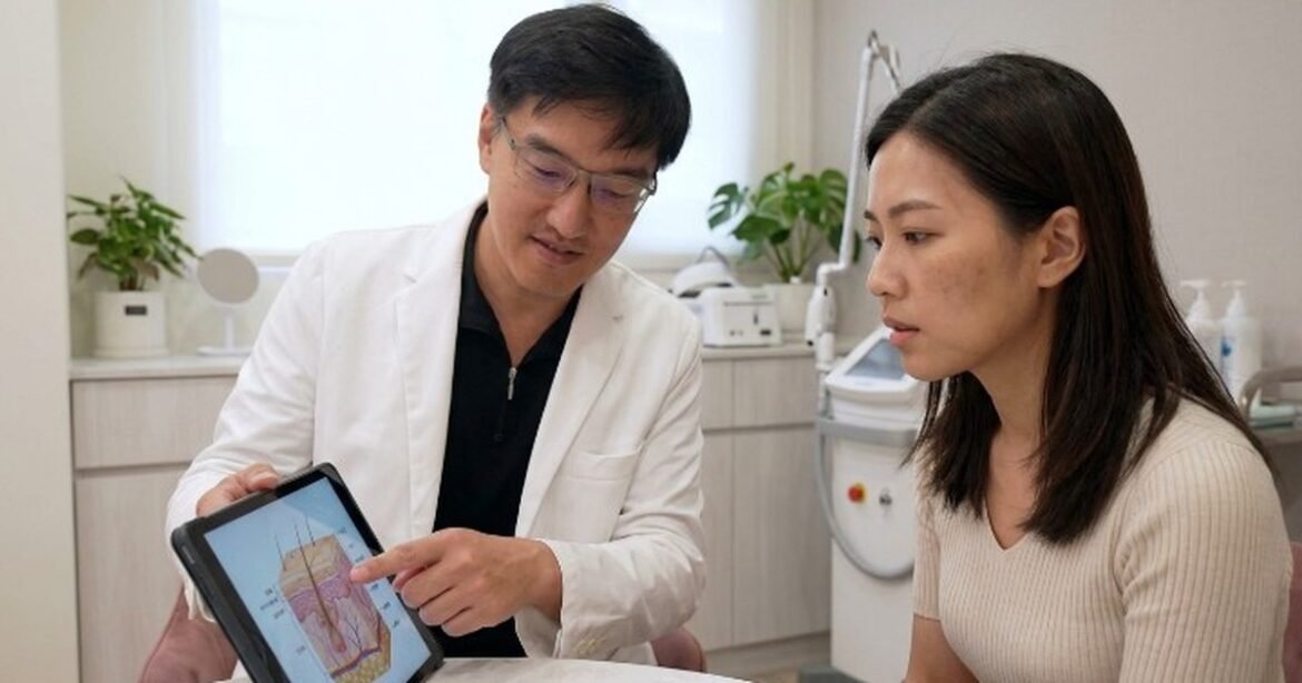 ILIB靜脈雷射技術的歷史背景解釋，展示研究過程中的雷射設備與血液反應。