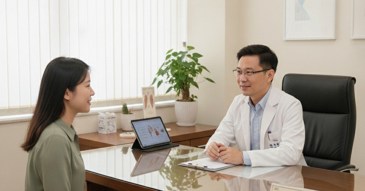 在明亮診間中,吳芮醫師比較醫師建議,仔細檢視患者眼周黑眼圈狀況。