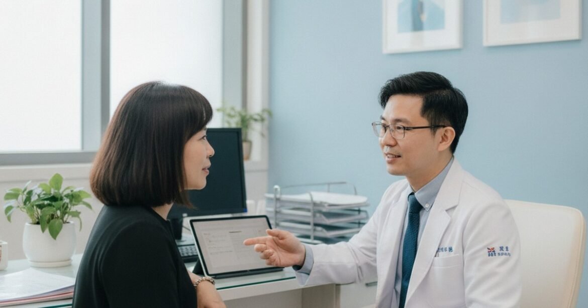 吳芮醫師介紹療程比較，一位女性在諮詢室中專注聆聽醫師說明。