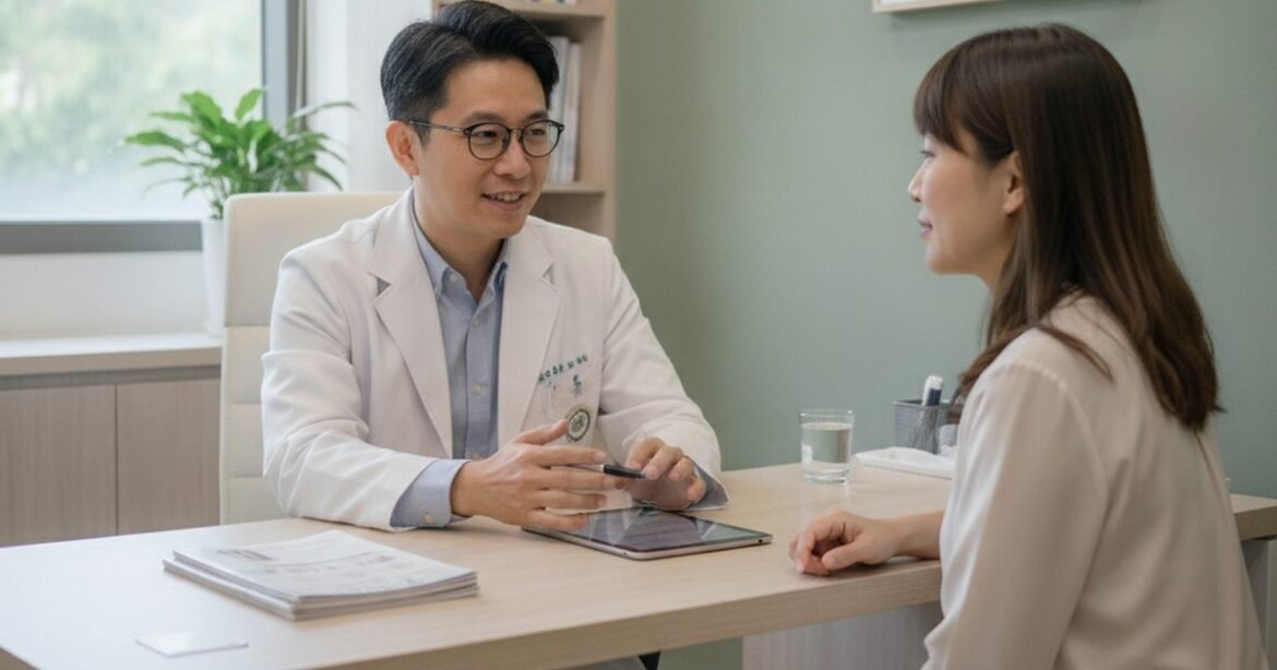 吳芮醫師介紹保養重點，在明亮診間親切說明術後注意事項